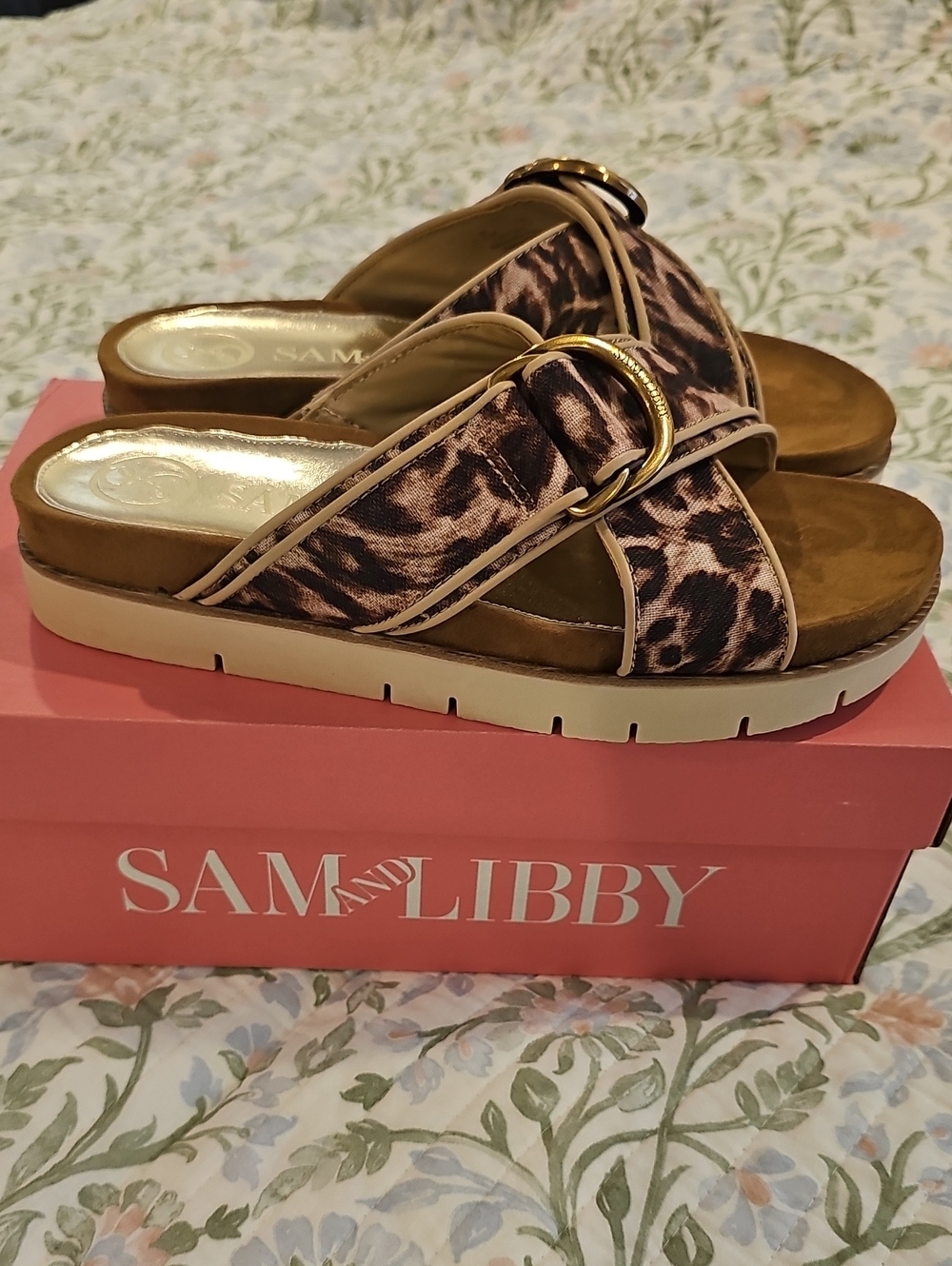 Sam & Libby Leopard Print Slide Sandals with Gold Buckle, 9.5